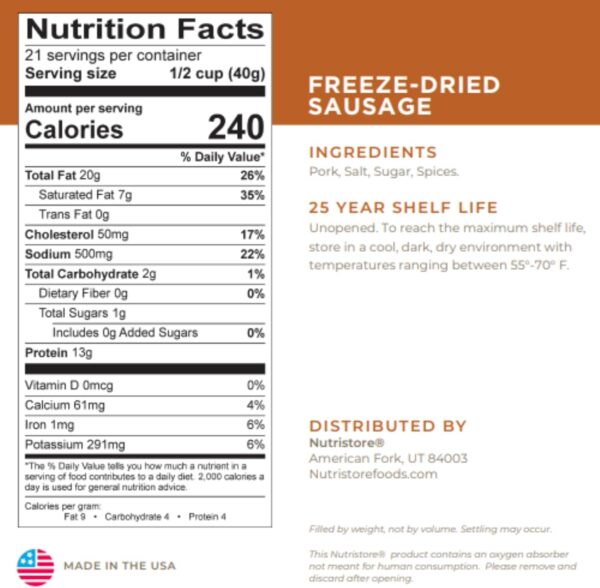 Nutristore Freeze Dried Sausage | Pre-Cooked Ground Pork Mea...