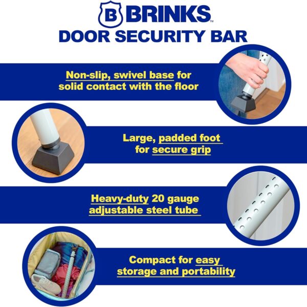 BRINKS- Portable Door Security Bar, Silver- Adjustable Secur...