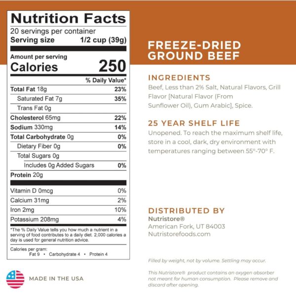 Nutristore Freeze Dried Ground Beef | Pre-Cooked Hamburger M...