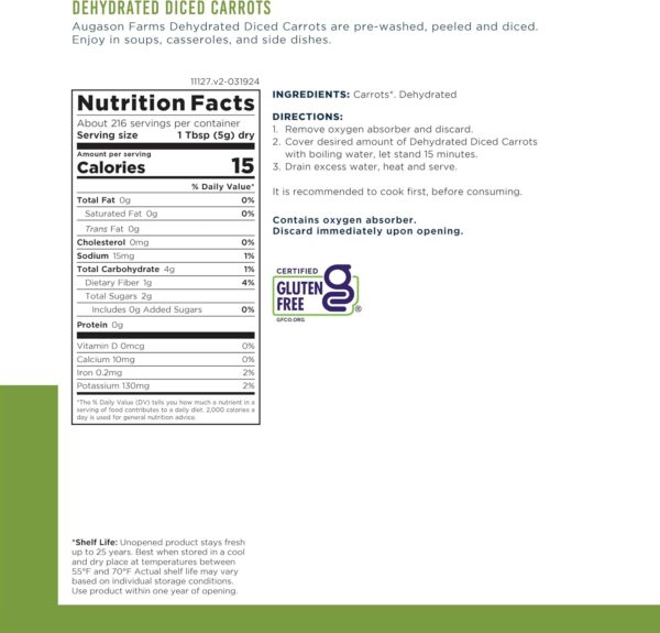 Augason Farms Dehydrated Diced Carrots Can, Emergency Food S...