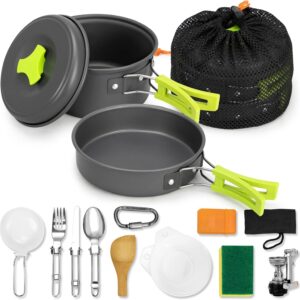 15pcs Camping Cookware Mess Kit,Non-Stick Lightweight Pots S...