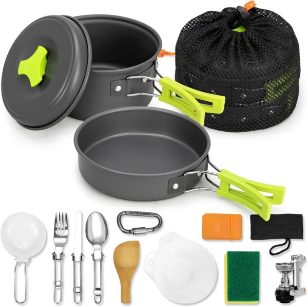 15pcs Camping Cookware Mess Kit,Non-Stick Lightweight Pots S...