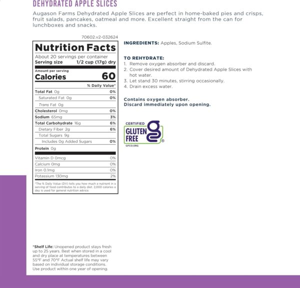 Augason Farms Dehydrated Apple Slices Can, Certified Gluten ...