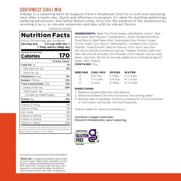 Augason Farms Southwest Chili Mix Can, Certified Gluten Free...
