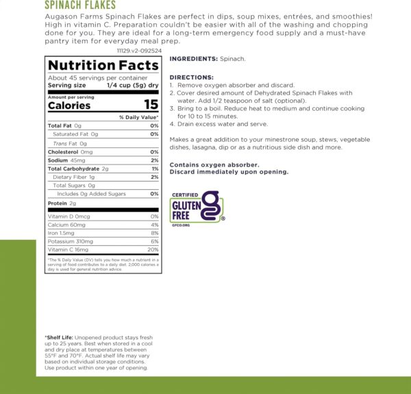 Augason Farms Dehydrated Spinach Flakes Can, Emergency Food ...