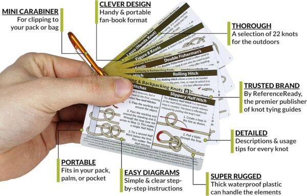 Outdoor Knots - Waterproof Knot Tying Cards with Mini Carabi...