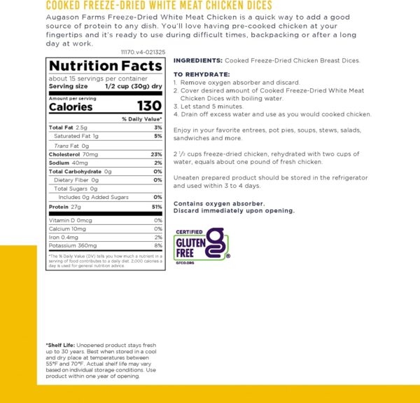 Augason Farms Cooked Freeze Dried White Meat Chicken Dices C...