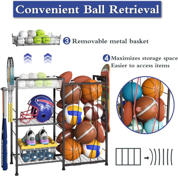 Sports Equipment Organizer, Ball Storage Rack with Elastic S...