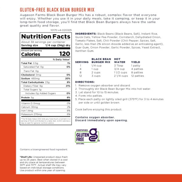 Augason Farms Black Bean Burger Mix Can, Certified Gluten Fr...