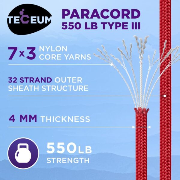 TECEUM Paracord Type III 550 Red – 200 ft – 4mm – Tactical R...