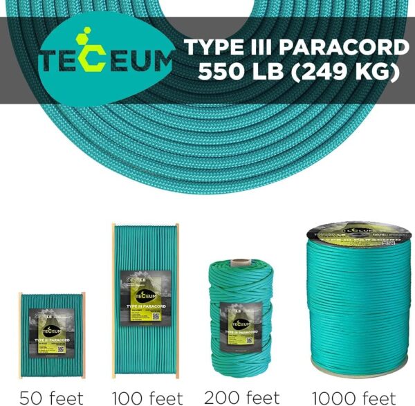 TECEUM Paracord Type III 550 Green Wave – 1000 ft – 4mm – Ta...