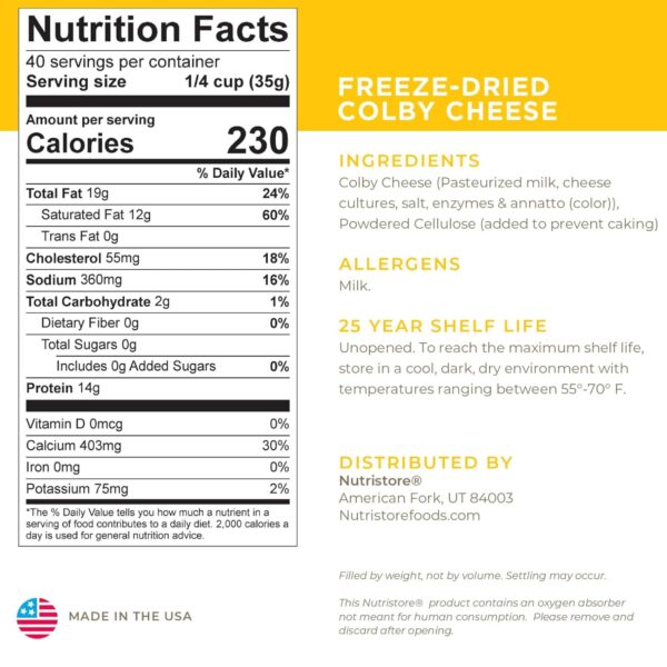 Nutristore Freeze Dried Colby Cheese Shredded | Bulk Emergen...
