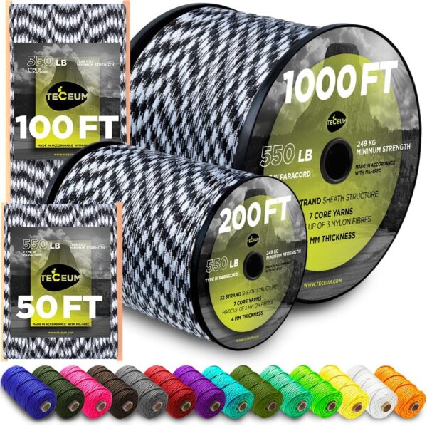 TECEUM Paracord Type III 550 Urban Camo – 100 ft – 4mm – Tac...