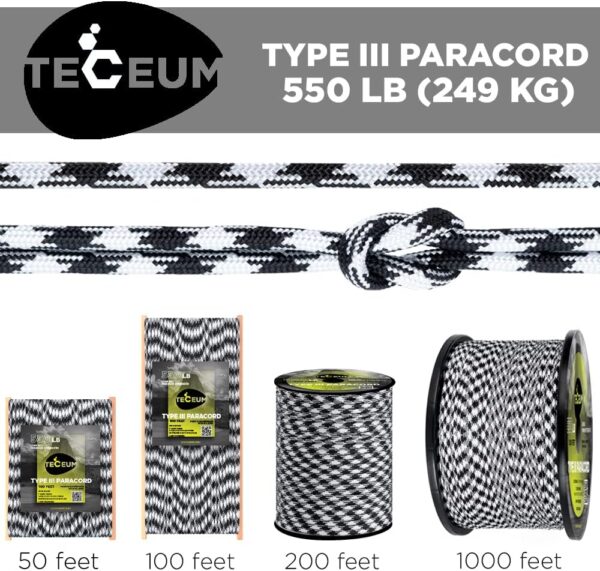 TECEUM Paracord Type III 550 Urban Camo – 100 ft – 4mm – Tac...