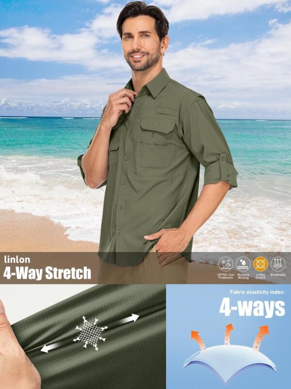 linlon Mens Safari Shirts Long Sleeve UV Protection Hiking F...