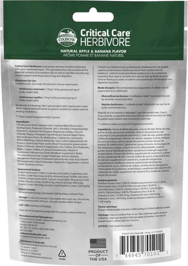 Oxbow Critical Care Herbivore, Emergency Guinea Pig Food, Ra...