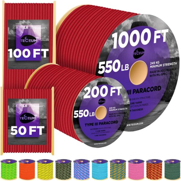 TECEUM Paracord Type III 550 Red – 200 ft – 4mm – Tactical R...