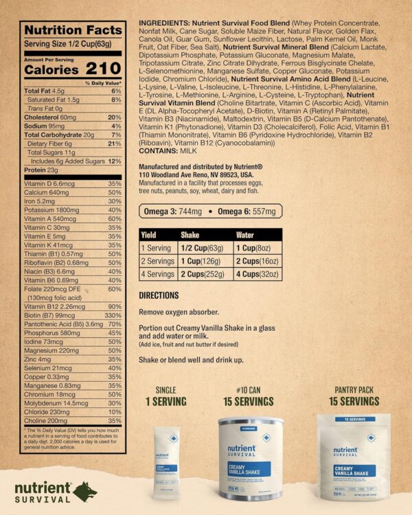 Nutrient Survival Protein Shake, Creamy Vanilla, Whey Protei...