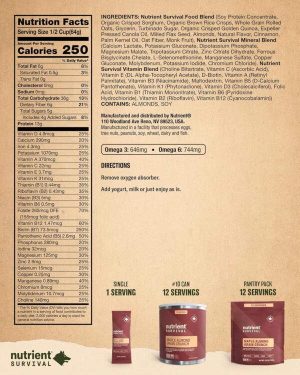 Nutrient Survival MRE Cereal, Maple Almond Grain Crunch (12 ...