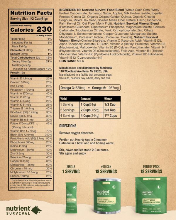 Nutrient Survival MRE Oatmeal, Hearty Apple Cinnamon (2 Sing...