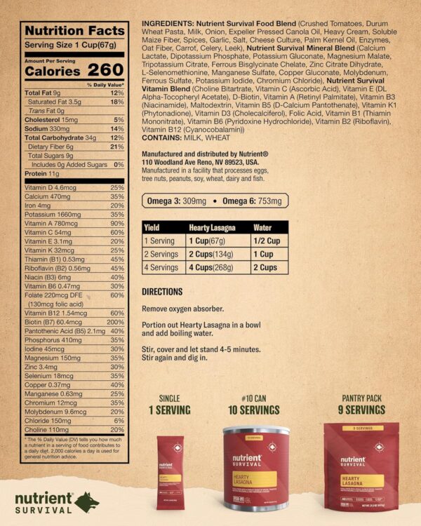 Nutrient Survival MRE Hearty Lasagna, Ready to Eat Meals (10...