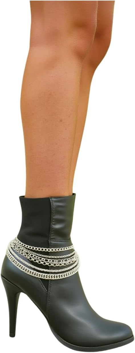 Women Western Fashion Boot 2 Bracelets Metal Chain Heel Shoe...