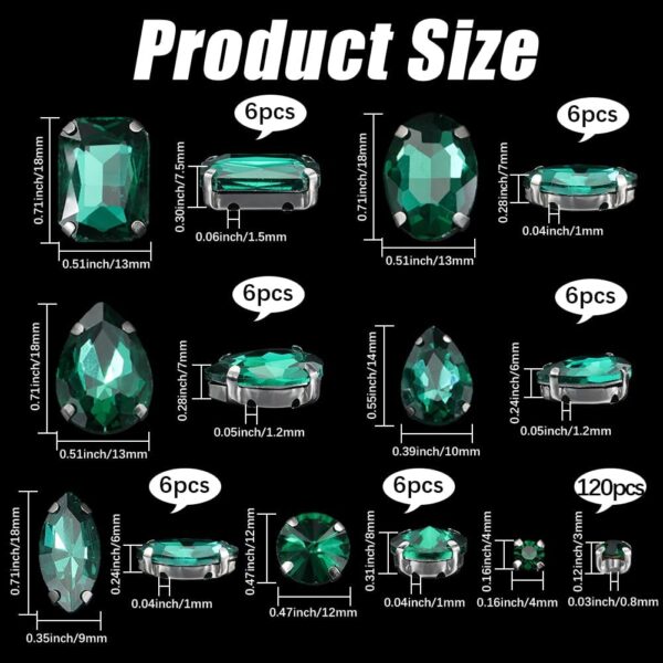 156Pcs 7 Styles Emerald Green Sew on Rhinestones Prong Setti...