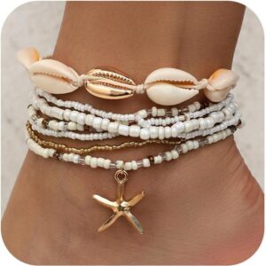 Shell Ankle Bracelet Set for Women, Gold Boho Bead Adjustabl...