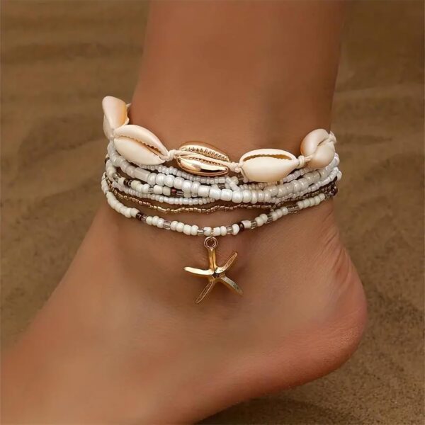 Shell Ankle Bracelet Set for Women, Gold Boho Bead Adjustabl...