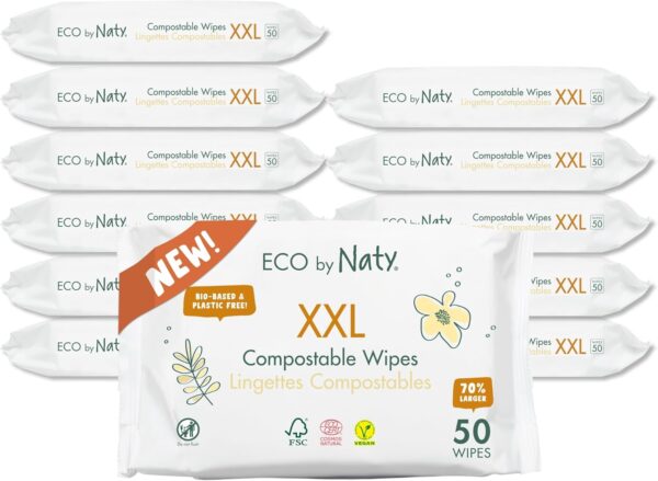 Naty Compostable XXL Baby Wipes - Unscented, 100% Plant-Base...