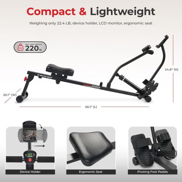 Sunny Health & Fitness Compact Adjustable Rowing Machine wit...