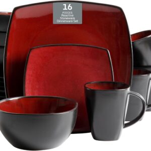 Gibson Soho Lounge Square Reactive Glaze Dinnerware Set, Red...