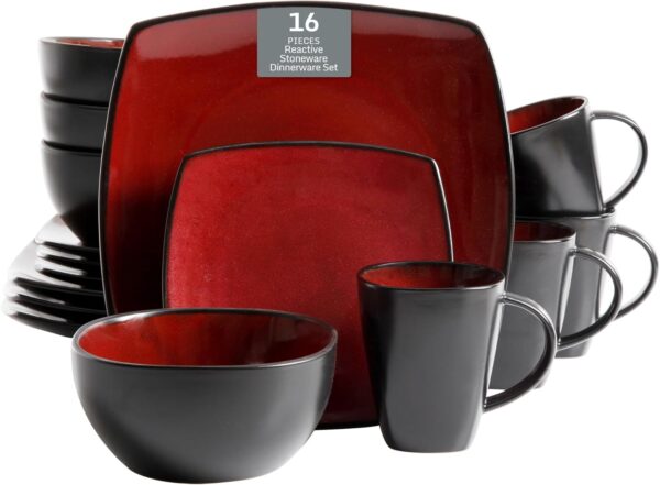 Gibson Soho Lounge Square Reactive Glaze Dinnerware Set, Red...