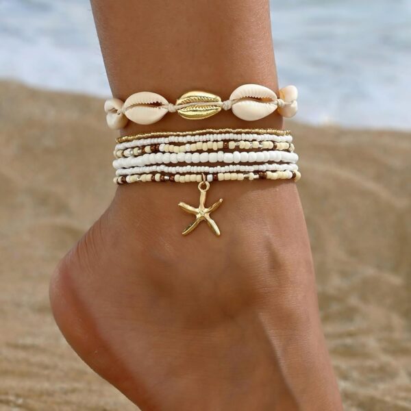 Shell Ankle Bracelet Set for Women, Gold Boho Bead Adjustabl...