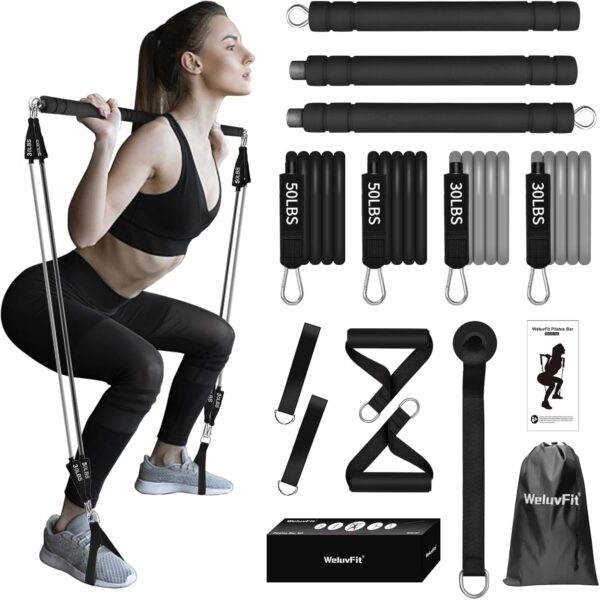 Pilates Bar Kit with Resistance Band-Multifunctional Portabl...