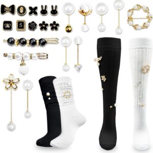 2 Pairs White Slouch Socks with 21 Pcs Sock Pins Jewelry for...
