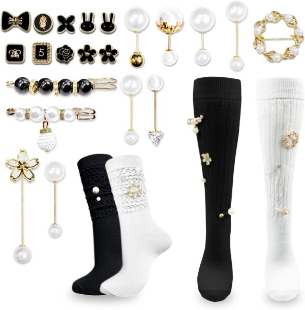 2 Pairs White Slouch Socks with 21 Pcs Sock Pins Jewelry for...