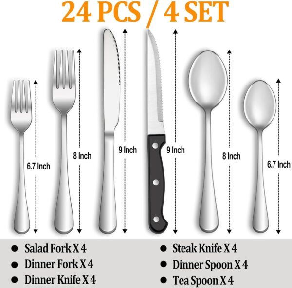 24 Pcs Silverware Set with Steak Knives Service for 4,Stainl...