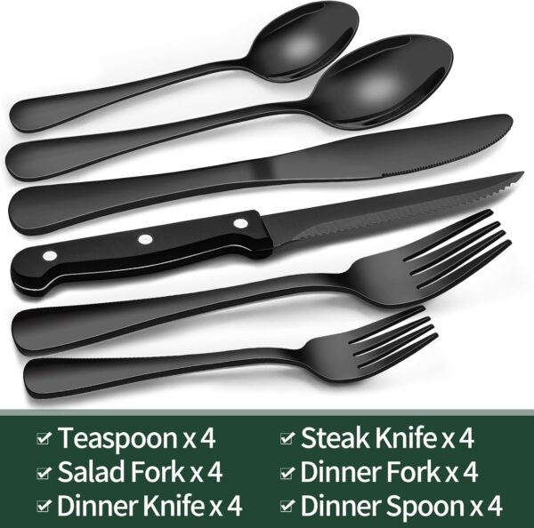 24-Piece Black Silverware Set with Steak Knives, Black Flatw...