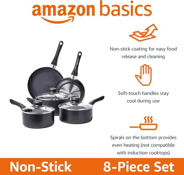 Amazon Basics Non Stick Kitchen Cookware 8-Piece Set, Non-In...