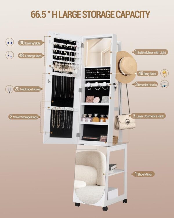 LED Jewelry Cabinet, 66" Jewelry Armoire with Clothes Rack, ...