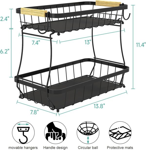 2 Tier Fruit Basket for Kitchen Counter with 2 Mobile Banana...
