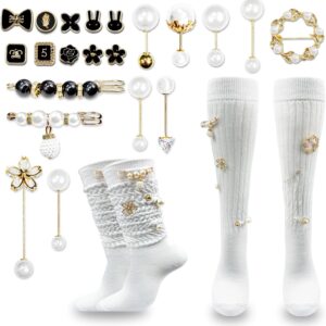 2 Pairs White Slouch Socks with 21 Pcs Sock Pins Jewelry for...