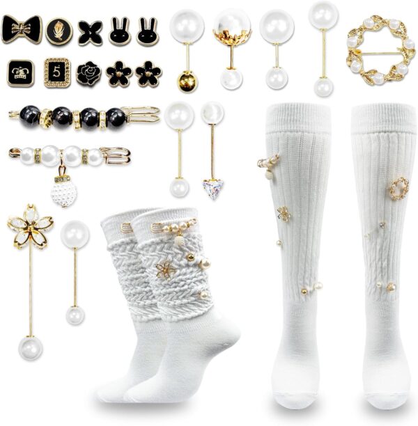 2 Pairs White Slouch Socks with 21 Pcs Sock Pins Jewelry for...