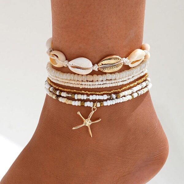 Shell Ankle Bracelet Set for Women, Gold Boho Bead Adjustabl...
