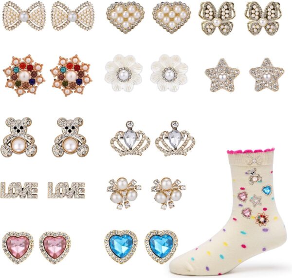 24pcs Sock Charms Pins, 12 Styles Safety Pins Rhinestones an...