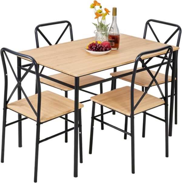 VECELO 5-Piece Kitchen Dining Table Set, Wood Tabletop & Hea...