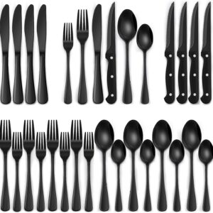 24-Piece Black Silverware Set with Steak Knives, Black Flatw...