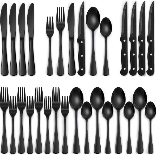 24-Piece Black Silverware Set with Steak Knives, Black Flatw...