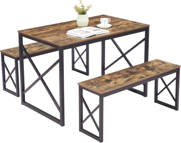 VECELO Kitchen Table with 2 Benches for 4, 43.3'' Wood Dinin...